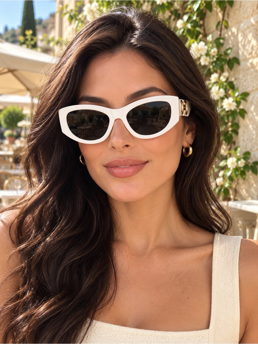 White Cat Eye Sunglasses with Gold Link Detail